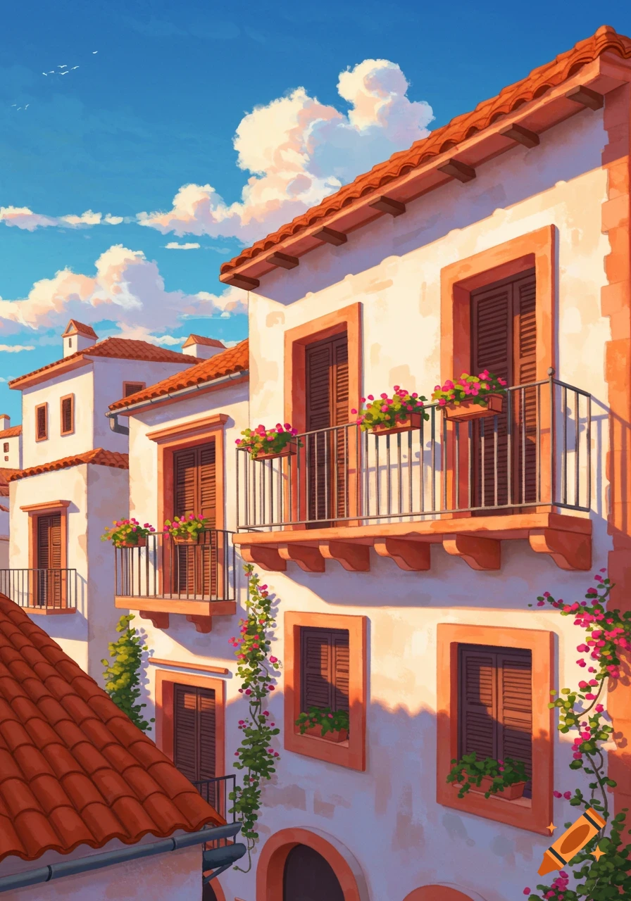 Illustrative view of Mediterranean-style buildings with white and salmon walls, orange tile roofs, balconies, and flowers under a blue sky.