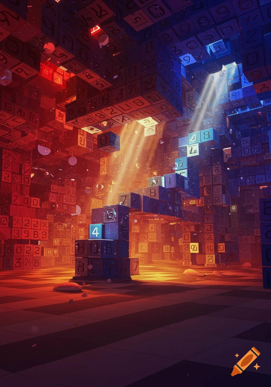 An abstract, geometric scene filled with glowing red and blue cubes, many displaying numbers and symbols, bathed in light rays from above.
