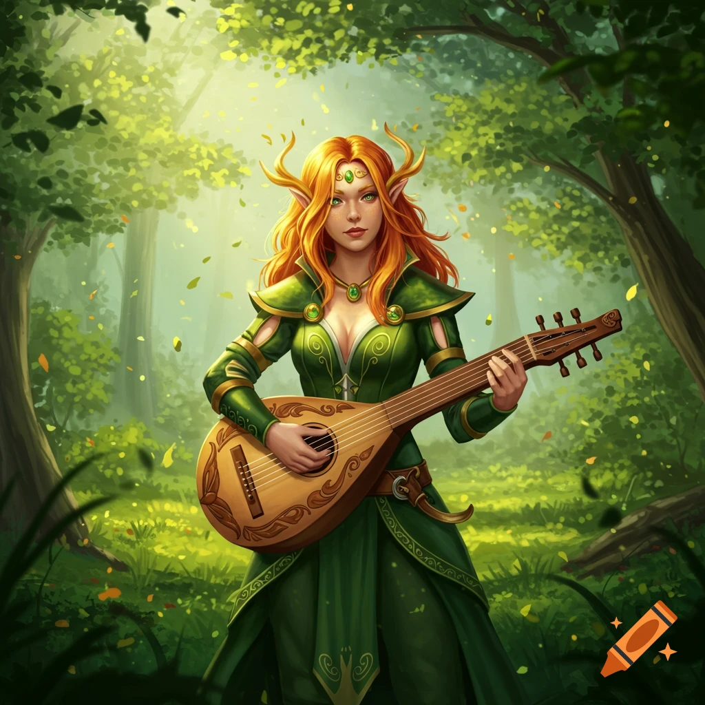 A fantasy half-elf woman with red hair and small antlers, dressed in green, plays a lute in a sunlit forest.