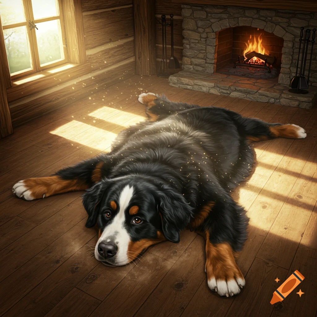 A photorealistic Bernese mountain dog lies spread out on a wooden floor, bathed in sun from a window, with a fireplace in a cozy log cabin.