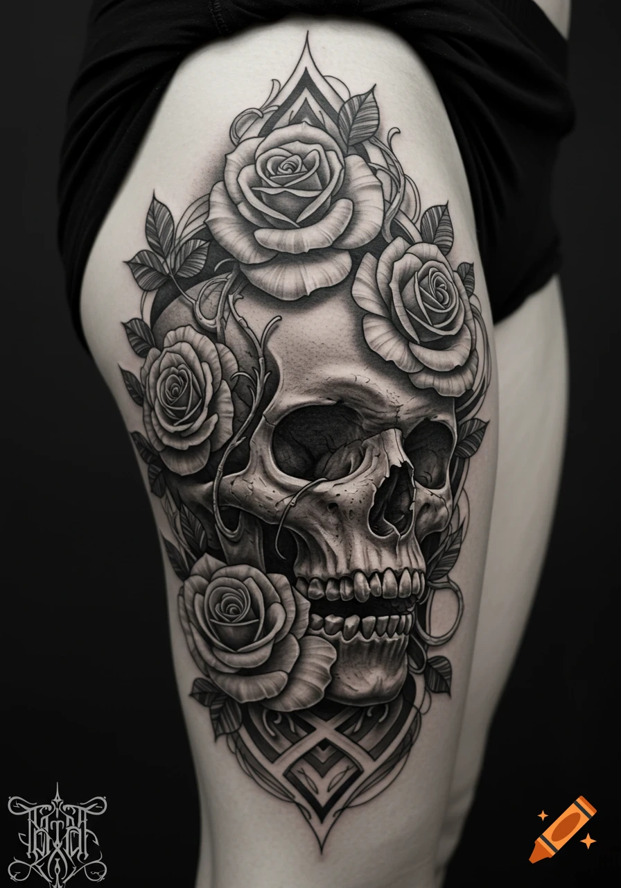 Detailed black and white tattoo of a skull intertwined with roses on a thigh, dark background.