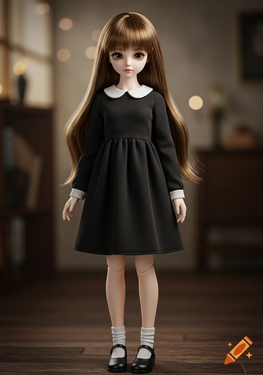 Photorealistic doll with long brown hair, black Peter Pan collar dress, white socks, and black shoes, standing on a wooden floor.
