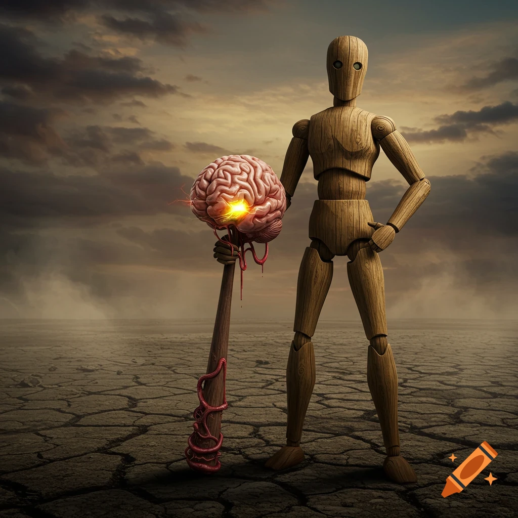 A wooden mannequin holds a baseball bat with a glowing, dripping brain attached to its end, standing in a cracked, desolate landscape under a cloudy sky.