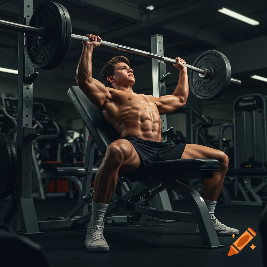 Photorealistic image of a muscular teen bodybuilder performing an incline barbell press in a gym.