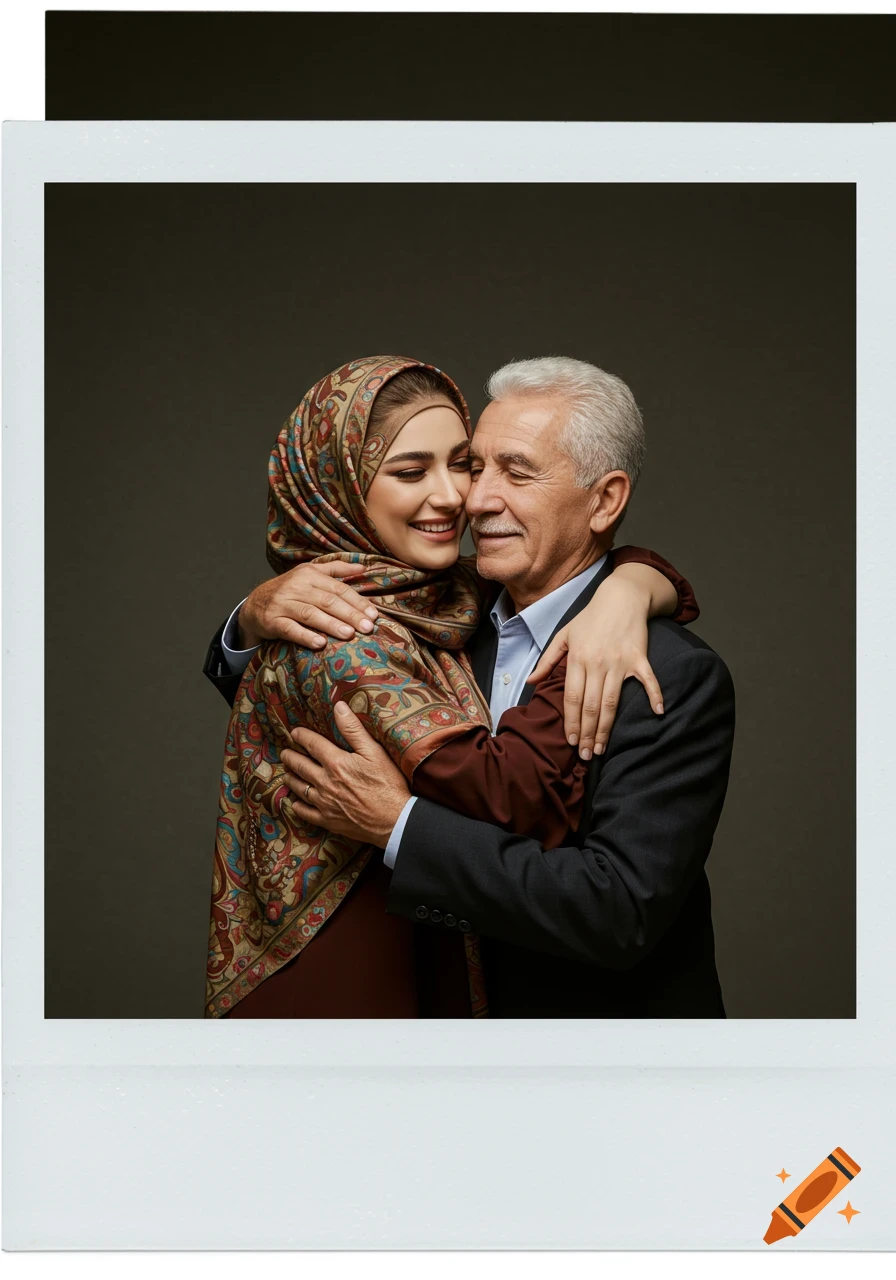 A photorealistic polaroid of a smiling young woman in a hijab hugging an older man, both dressed elegantly, against a dark studio background.