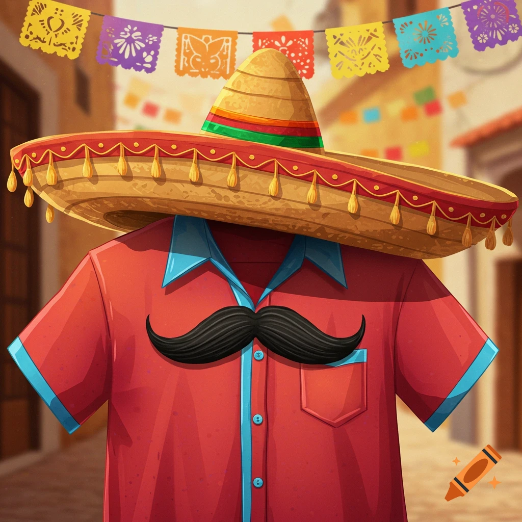 A cartoon red shirt with a black handlebar mustache and a large straw sombrero, under colorful papel picado banners.