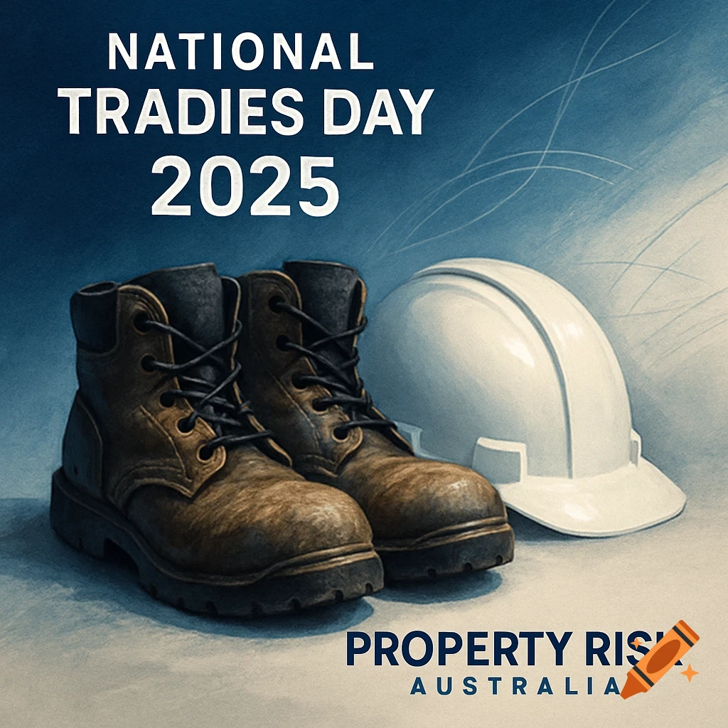 Brown work boots and a white hard hat on a blue background, with text 'National Tradies Day 2025' and 'Property Risk Australia'.