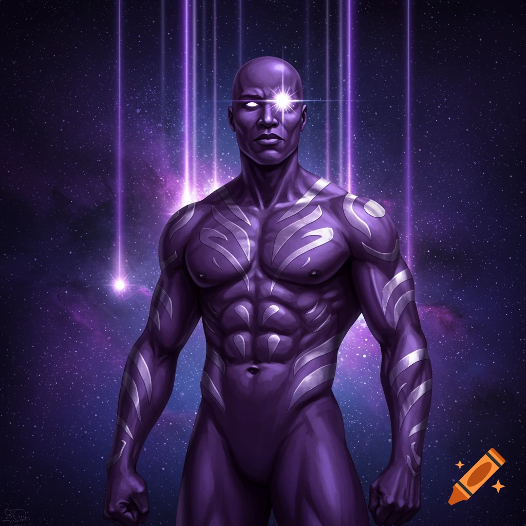 A bald, muscular, purple-skinned superhero with silver tribal markings, a glowing eye, and purple light beams against a starry space background.