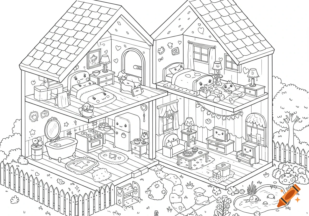 A black and white kawaii dollhouse coloring page in cross-section, showing two floors and a garden with cute faced objects.