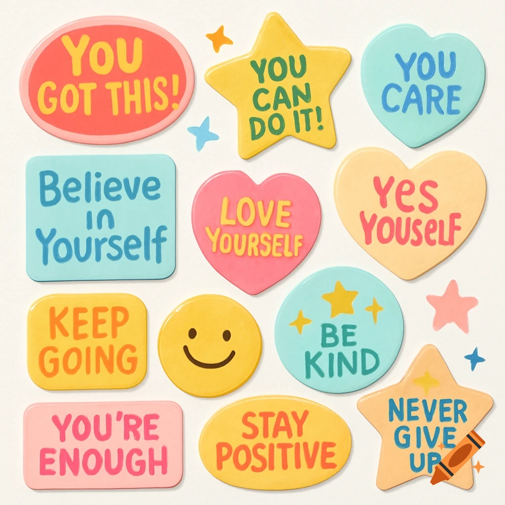A collection of colorful, cartoon-style affirmation stickers with positive messages and a smiley face, on a light background.