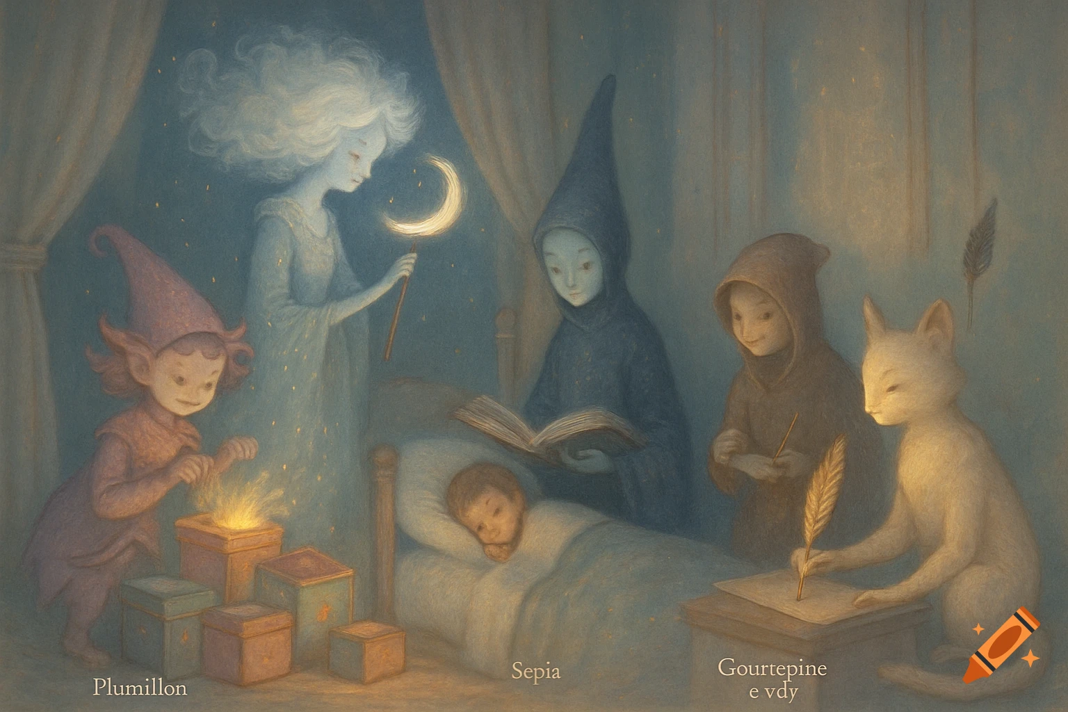 A whimsical, painterly illustration of magical creatures, including a fairy, elf, wizard, and cat scribe, gathered around a sleeping child's bed.