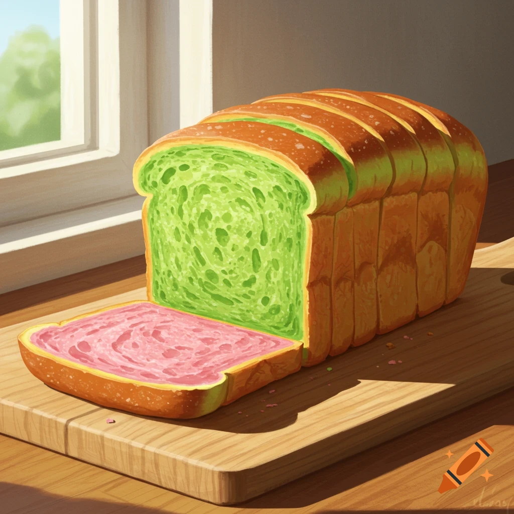 A vibrant loaf of green bread with a pink slice cut off, sitting on a wooden cutting board by a sunlit window.
