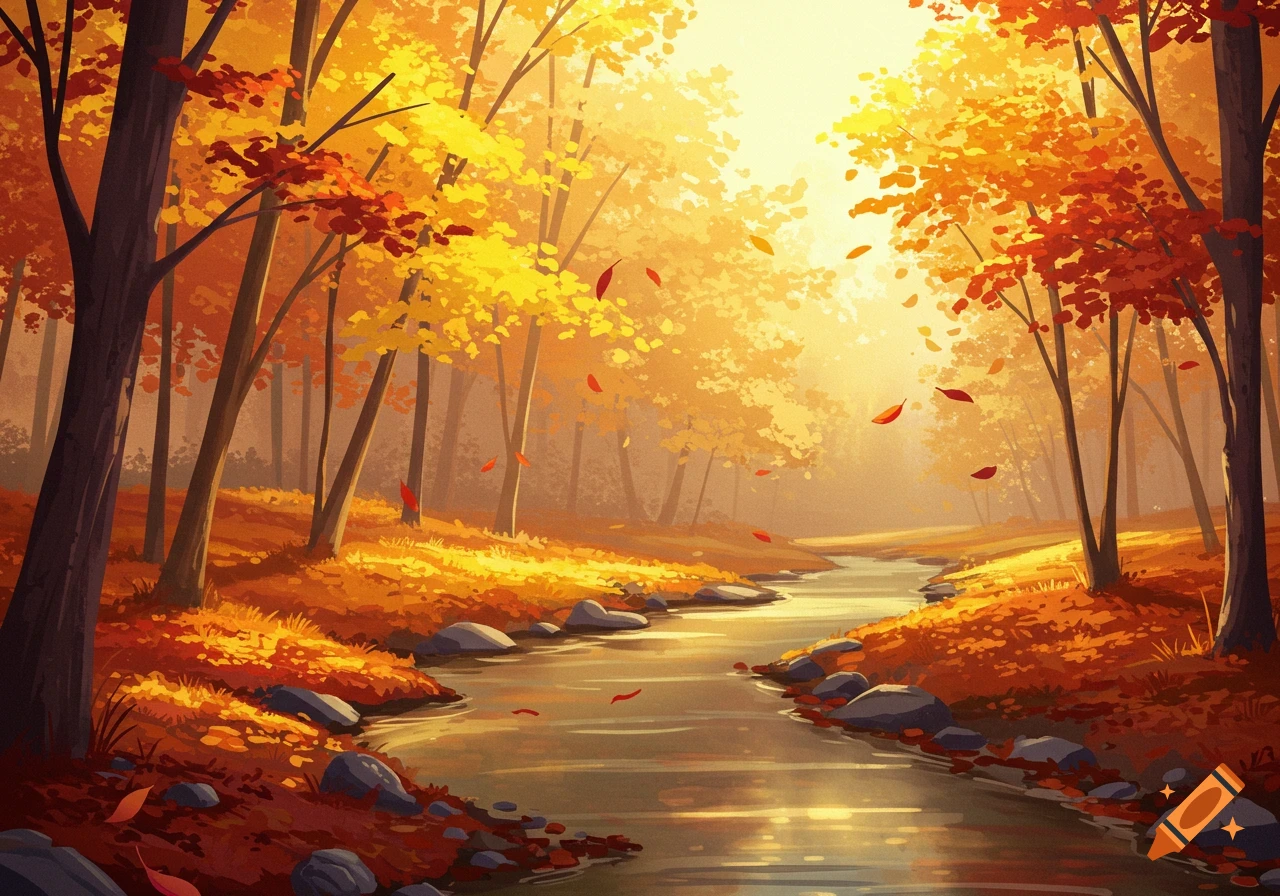 Vibrant digital illustration of an autumn forest with a stream, golden and red foliage, and falling leaves.