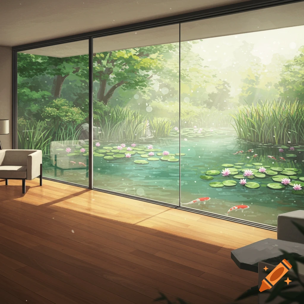 Anime-style room with a window overlooking a serene pond with pink water lilies, koi fish, and lush foliage. Sunlight fills the wooden floor.