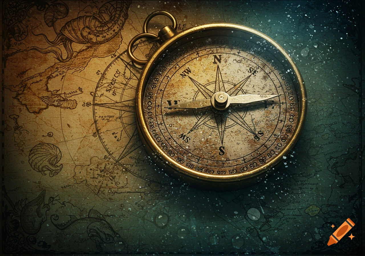 An old brass compass rests on a worn vintage map with sea monster illustrations.