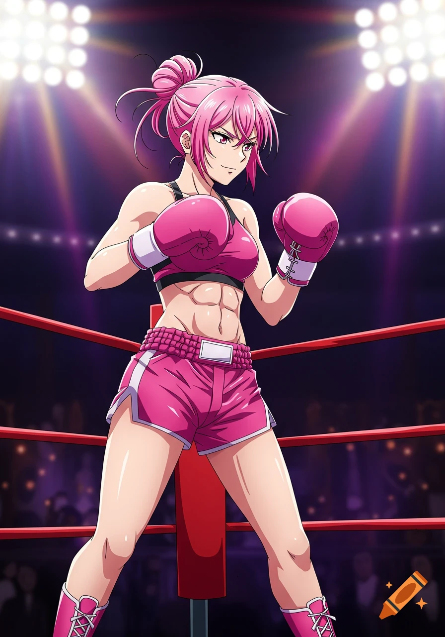 Anime woman boxer with pink hair, gloves, and shorts, standing in a brightly lit boxing ring.