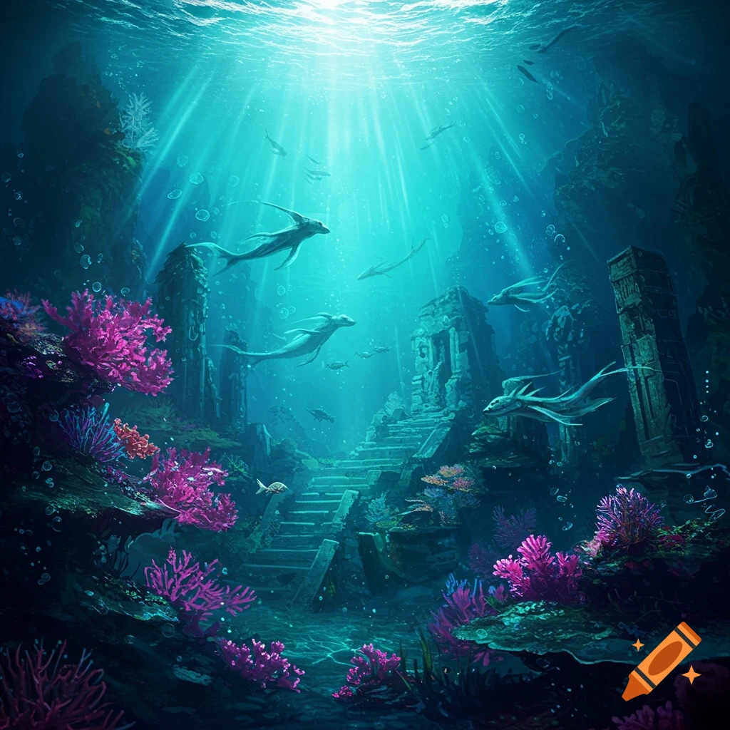 Underwater fantasy scene with glowing pink coral, ancient ruins, and mythical fish-like creatures swimming in sunlit deep blue water.