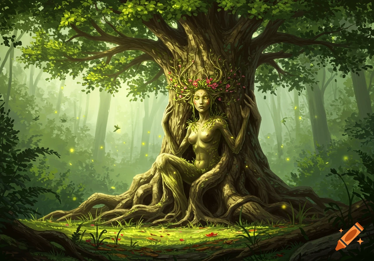 A nature goddess with bark skin and leafy hair, seated within the roots of a giant tree in a vibrant forest.