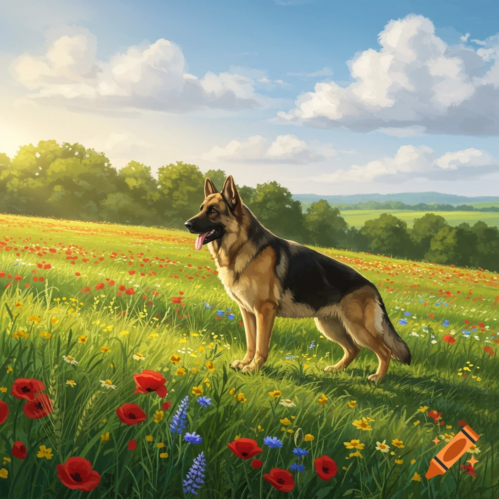 A German Shepherd stands in a vibrant sunlit meadow filled with red, yellow, and blue wildflowers under a blue sky.