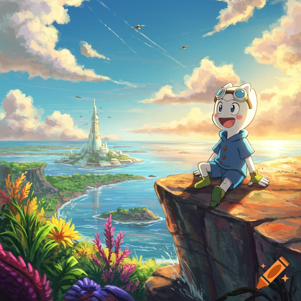 A happy anime character with goggles sits on a cliff overlooking a futuristic city in the ocean at sunset, lush plants in the foreground.