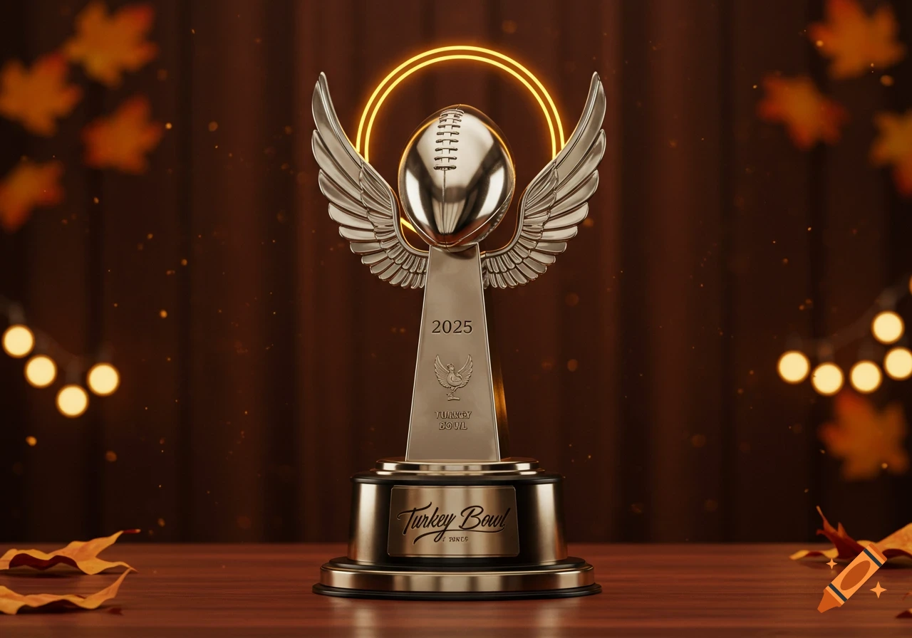 A shiny silver and gold football trophy with wings, a glowing ring, and '2025 Turkey Bowl' inscribed on it, set on a wooden table with autumn leaves and fairy lights.