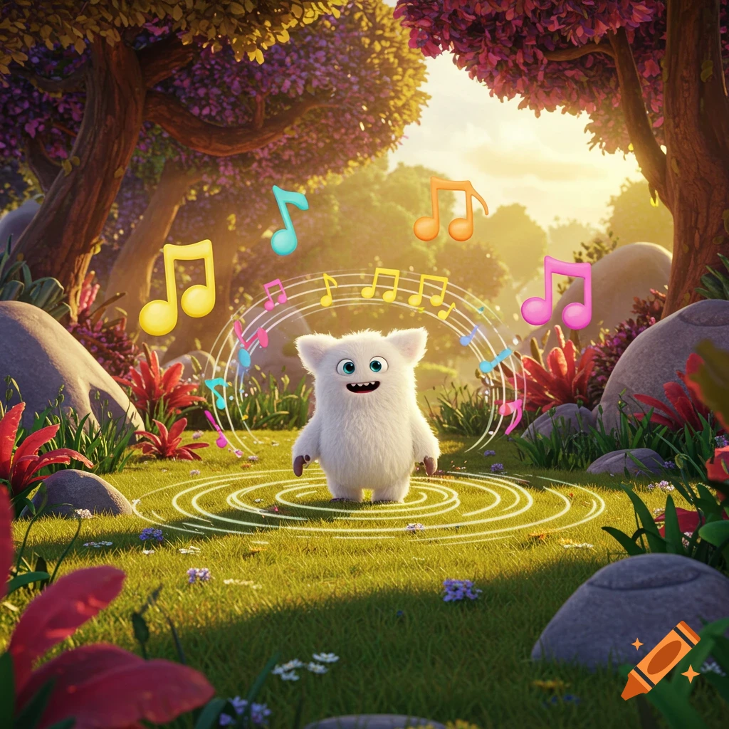 A fluffy white monster with big eyes stands in a lush, magical forest with colorful music notes floating around it, bathed in golden light.