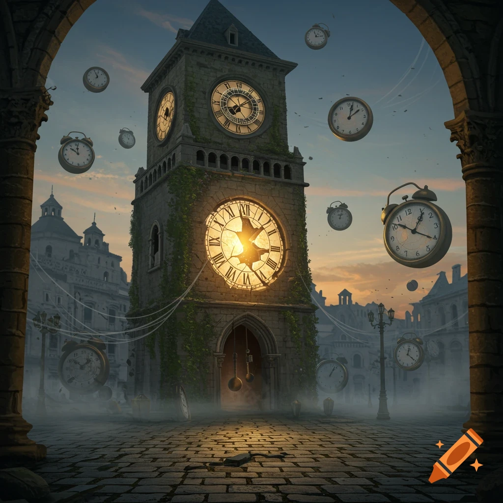 A crumbling stone clocktower with a glowing, cracked clock face stands amidst ancient city ruins, with many alarm clocks floating around it in a twilight sky. The scene is bathed in a warm, ethereal light.