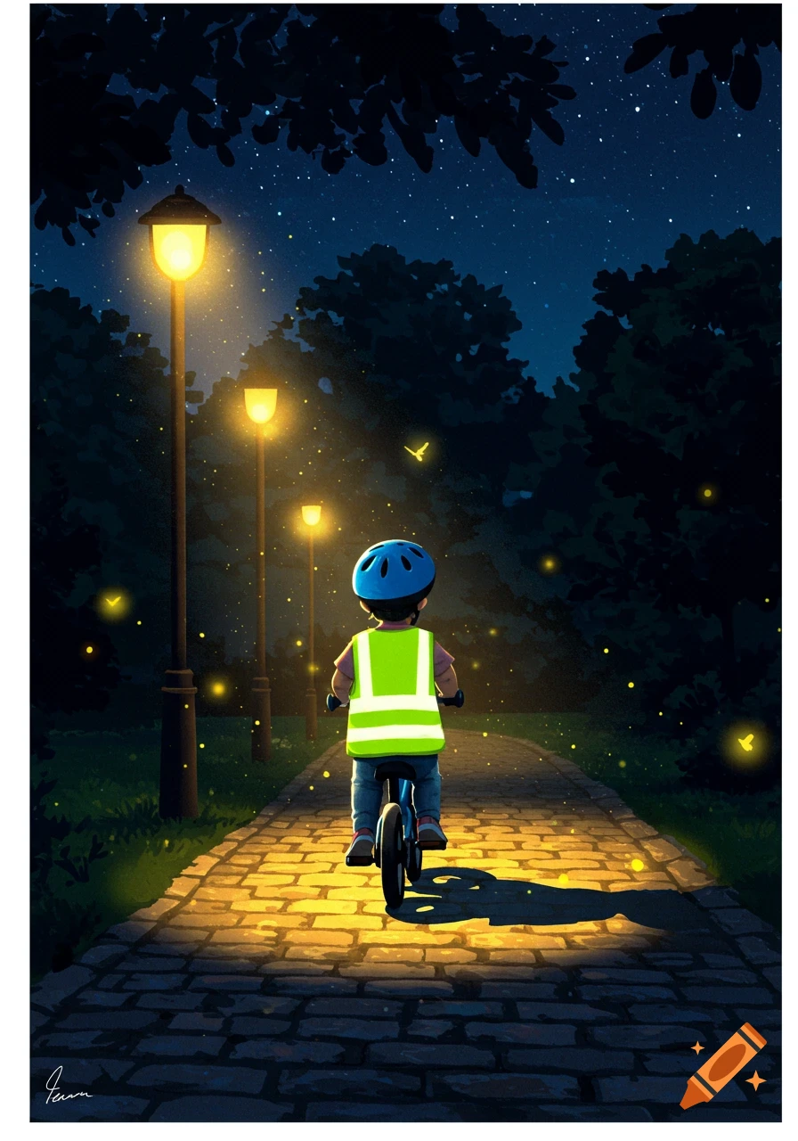 A child in a helmet and reflective vest rides a bike on a brick path at night, lit by streetlights and fireflies, in an illustrated style.