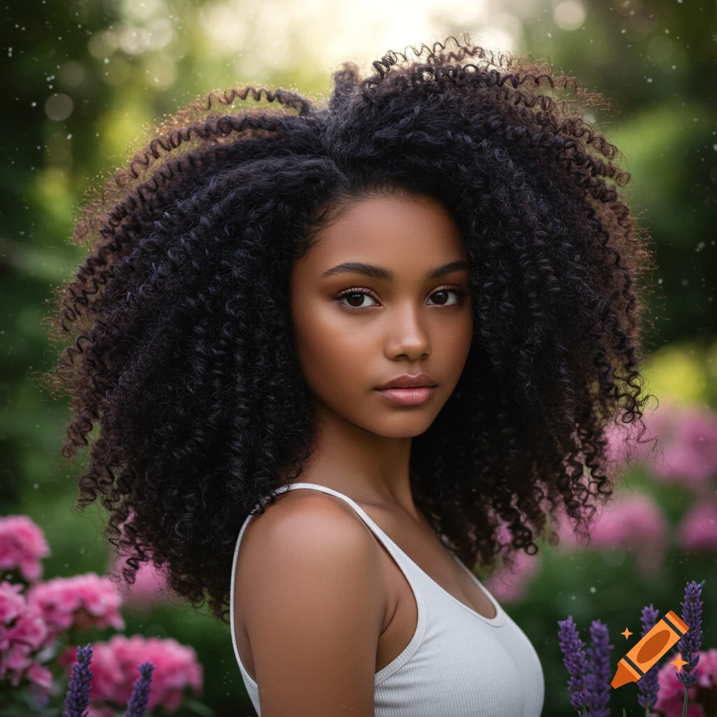 Photorealistic portrait of a young woman with dark, voluminous curly hair, wearing a white tank top, in a lush garden with pink and purple flowers.