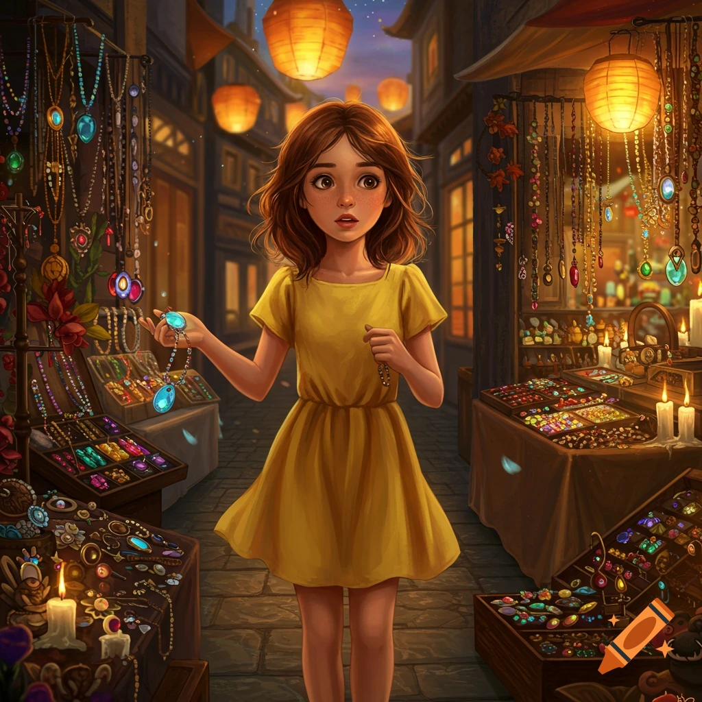 An expressive young girl in a yellow dress holds a blue pendant, looking at a magical night market stall filled with colorful jewelry and glowing lanterns, illustration.