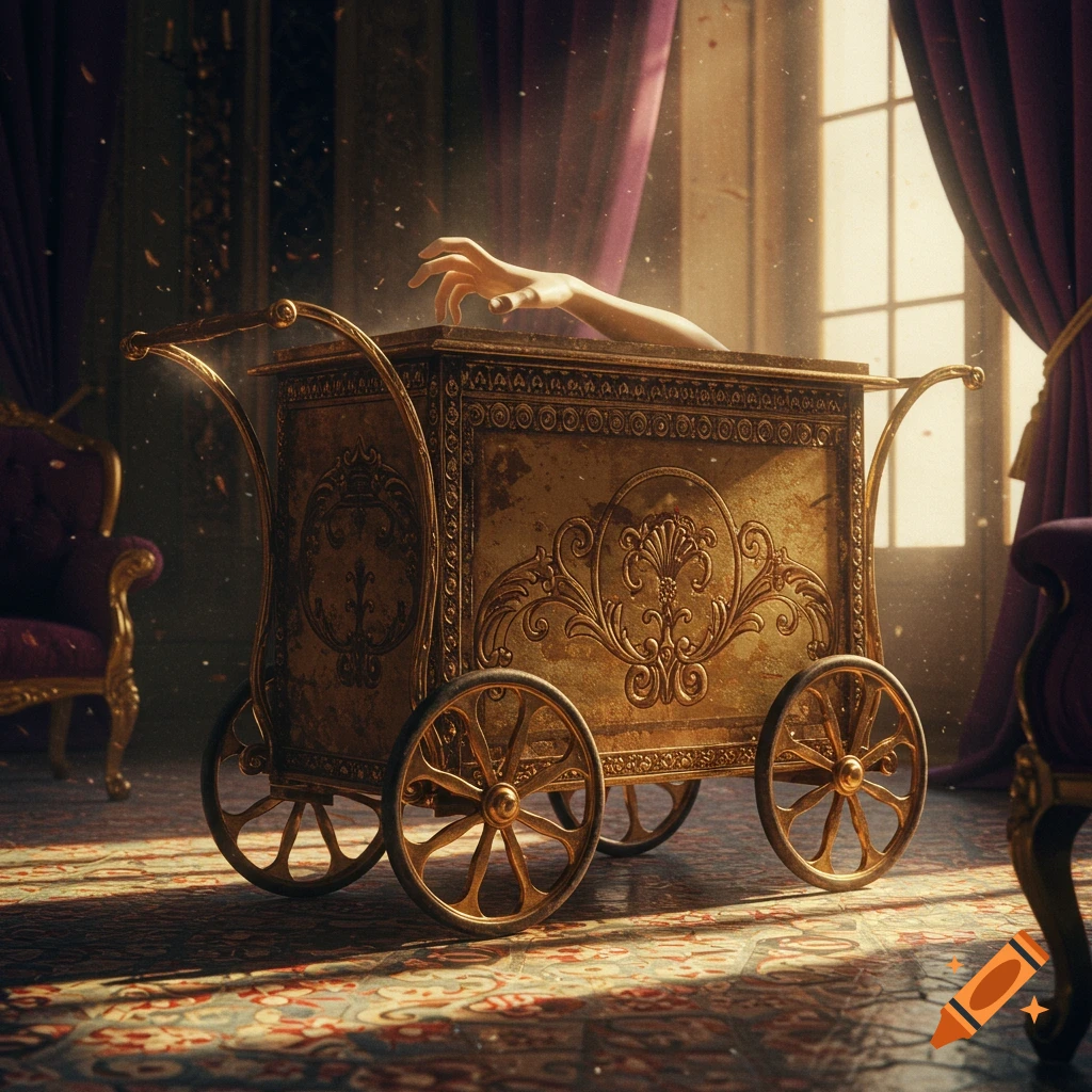 A pale hand reaches out from an ornate golden trolley in a dusty, sunlit antique room with purple curtains.