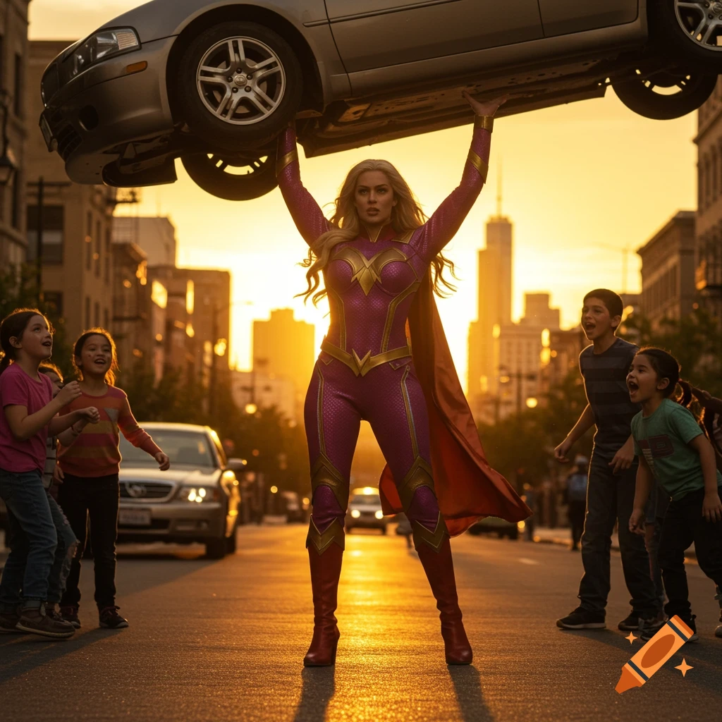 A female superhero in a pink suit lifts a silver car over her head on a city street at sunset, while children watch in amazement.