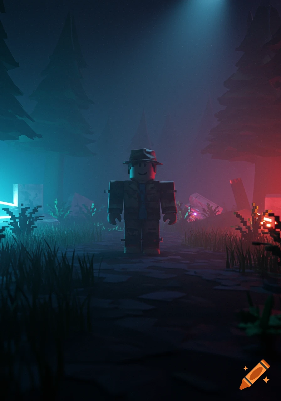 A Roblox-style character in a fedora stands on a path in a dark, foggy forest, lit by neon blue and red lights.