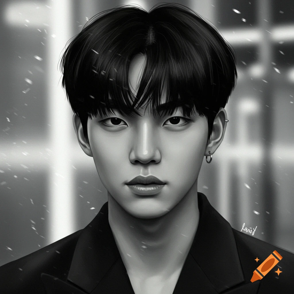 Digital painting in black and white of a young man with black middle-parted hair, wearing a dark jacket, with snow falling around him.