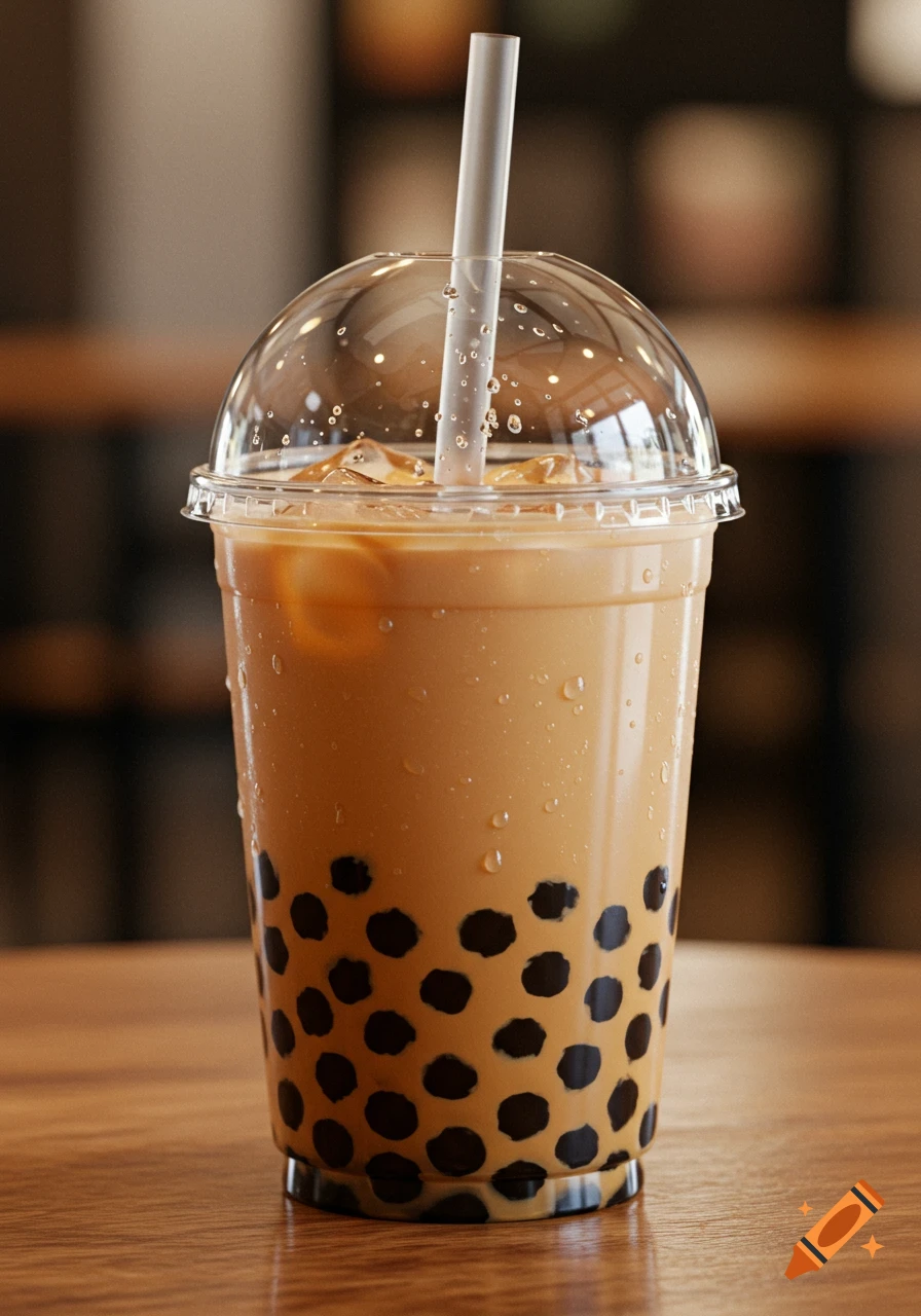Photorealistic close-up of an iced boba tea with dark tapioca pearls and condensation in a clear plastic cup with a straw, on a wooden table.