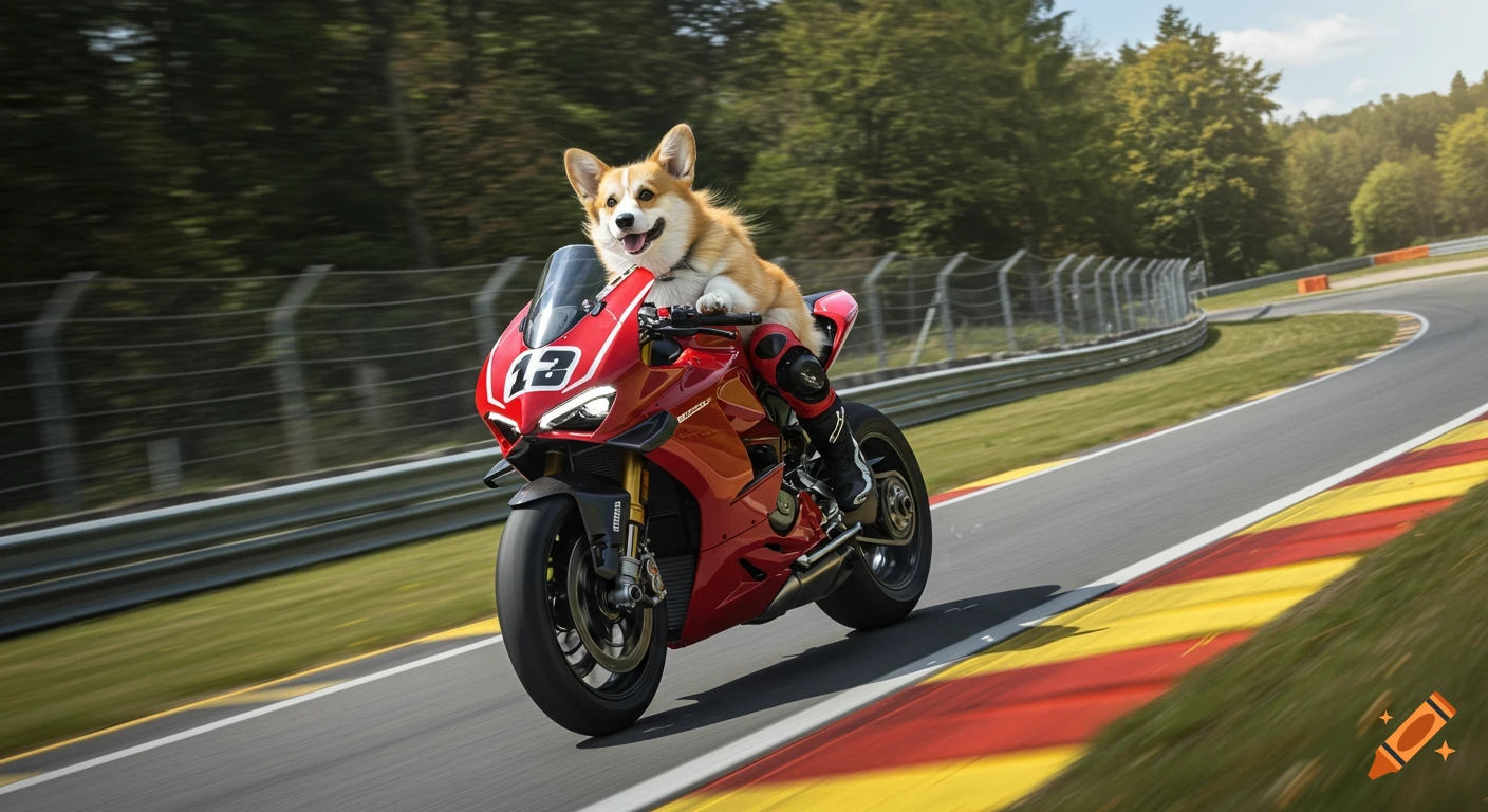 A happy corgi dog rides a red racing motorcycle on a sunny race track.