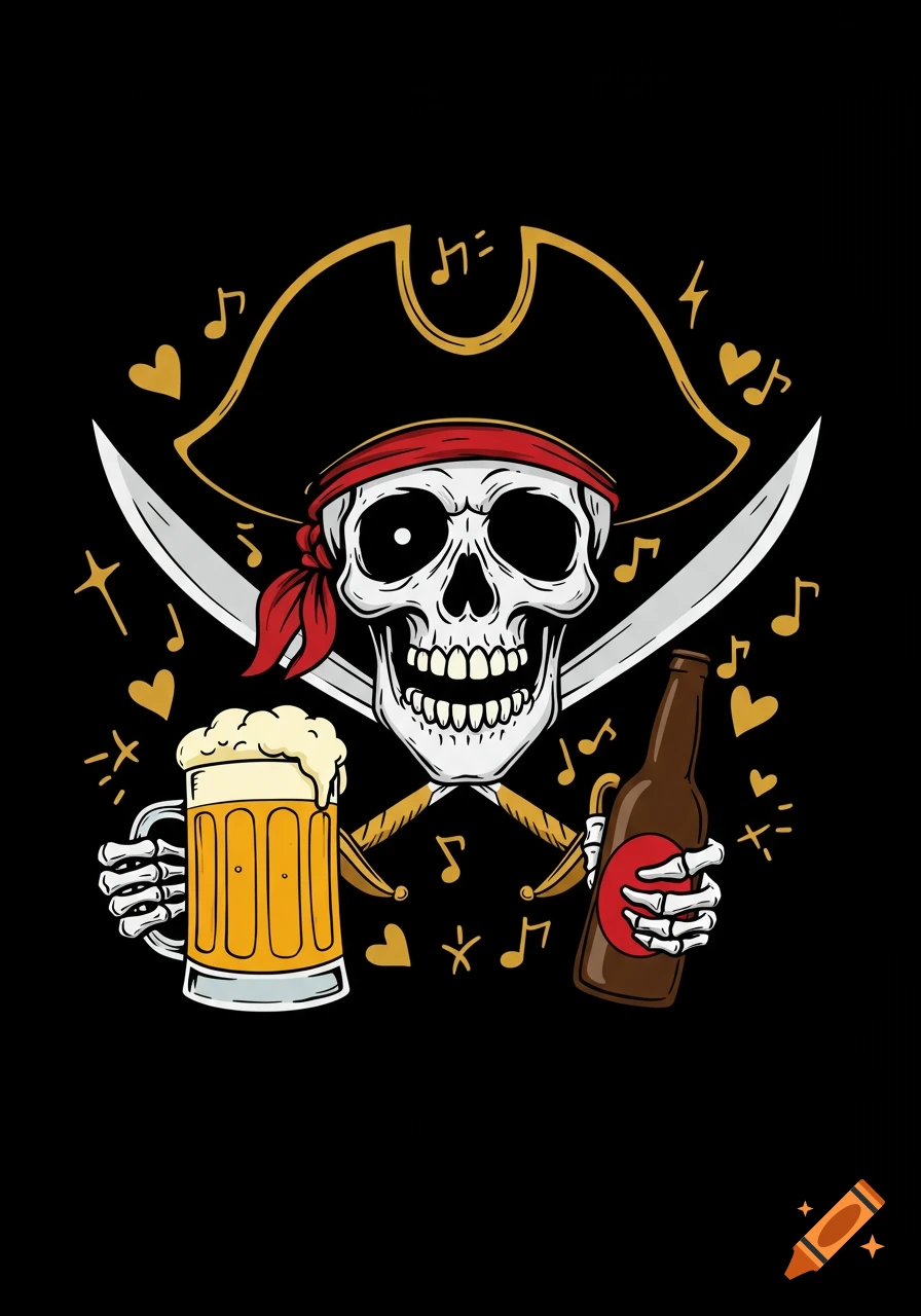 Cartoon pirate skull in a hat and bandana, with crossed swords, holding a beer mug and bottle, surrounded by music notes and hearts on a black background.