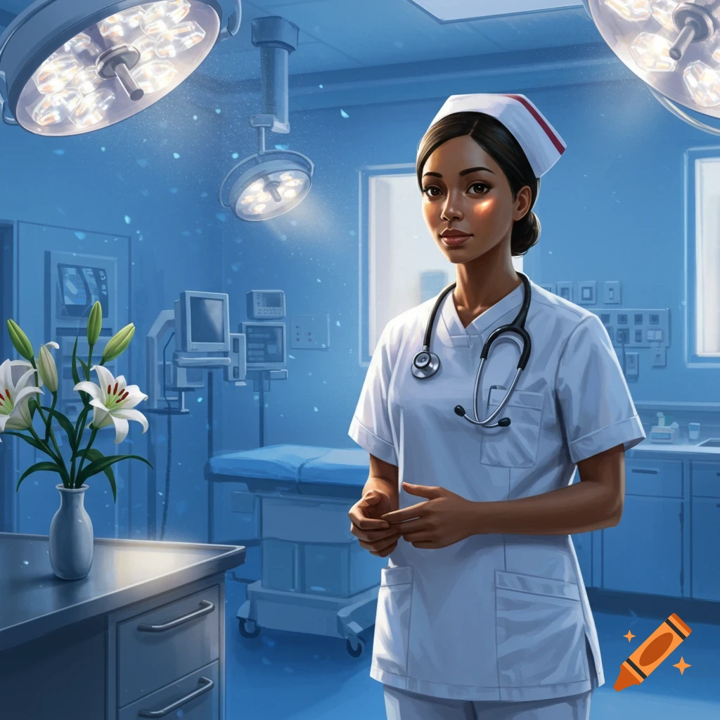 An illustration of a female nurse with dark skin, wearing a white uniform and cap, standing in a blue medical room with surgical lights and equipment.