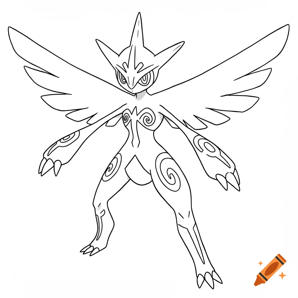 Black and white line art coloring page of a winged Pokémon with a spiky head and patterned body.