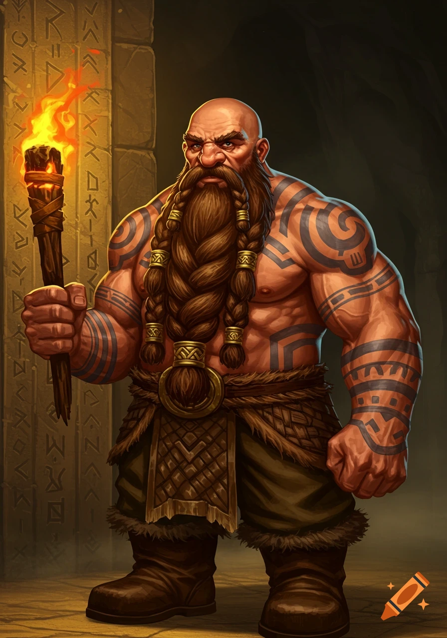 A muscular, bald dwarf with a braided beard and tribal tattoos holds a lit torch in a dark, rune-carved stone environment, in a fantasy art style.