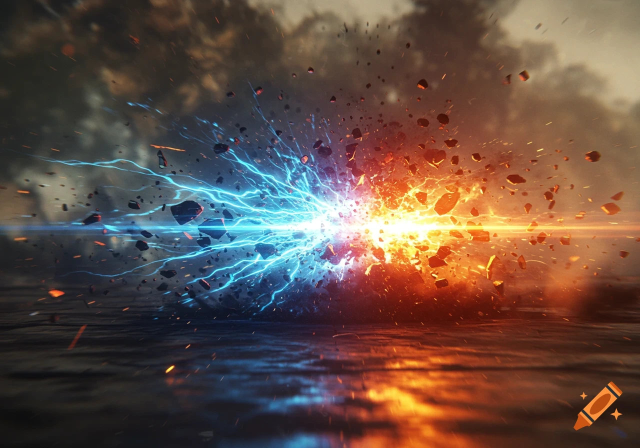 Dynamic collision of blue electrical energy and orange fiery explosion, with debris scattering over a reflective surface.