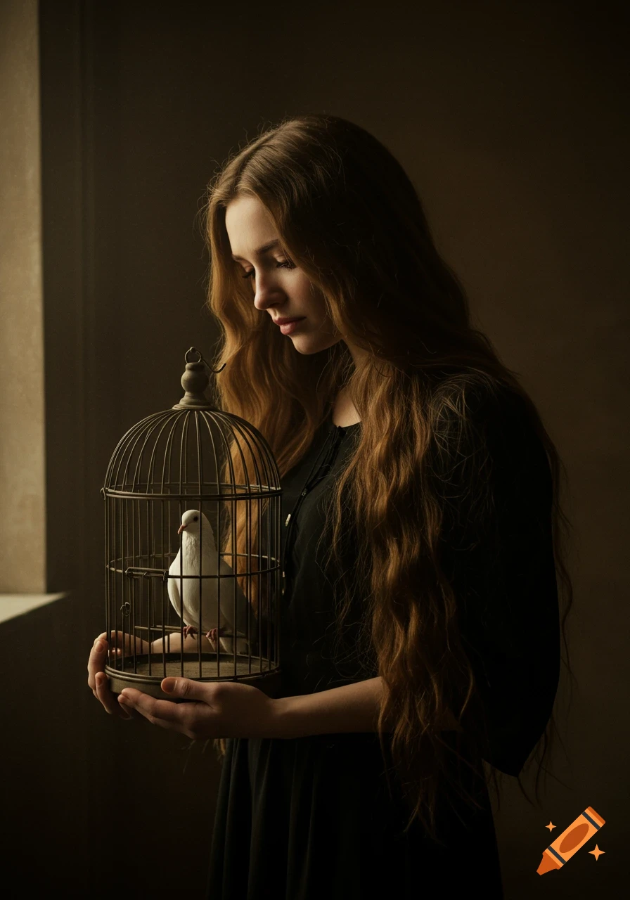 Photorealistic portrait of a sad woman with long hair holding a birdcage containing a white dove in a dimly lit room.