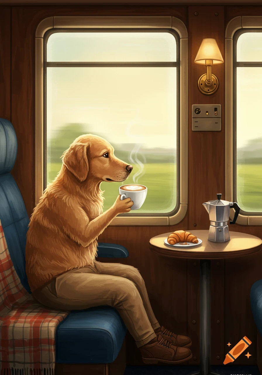 An anthropomorphic golden retriever in pants and shoes drinks coffee on a train, with a croissant and moka pot on the table.