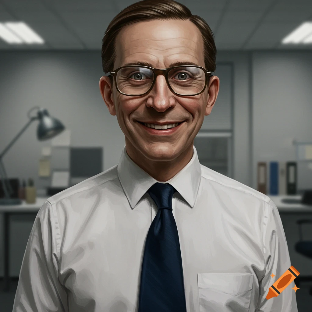 Photorealistic portrait of a smiling office man with glasses, wearing a white shirt and dark tie, looking eerily normal.