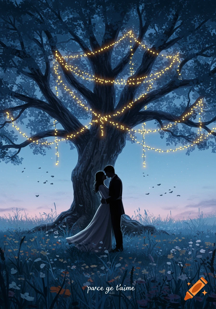 An illustrated romantic scene of a couple embracing under a large tree lit with string lights in a field at dusk.