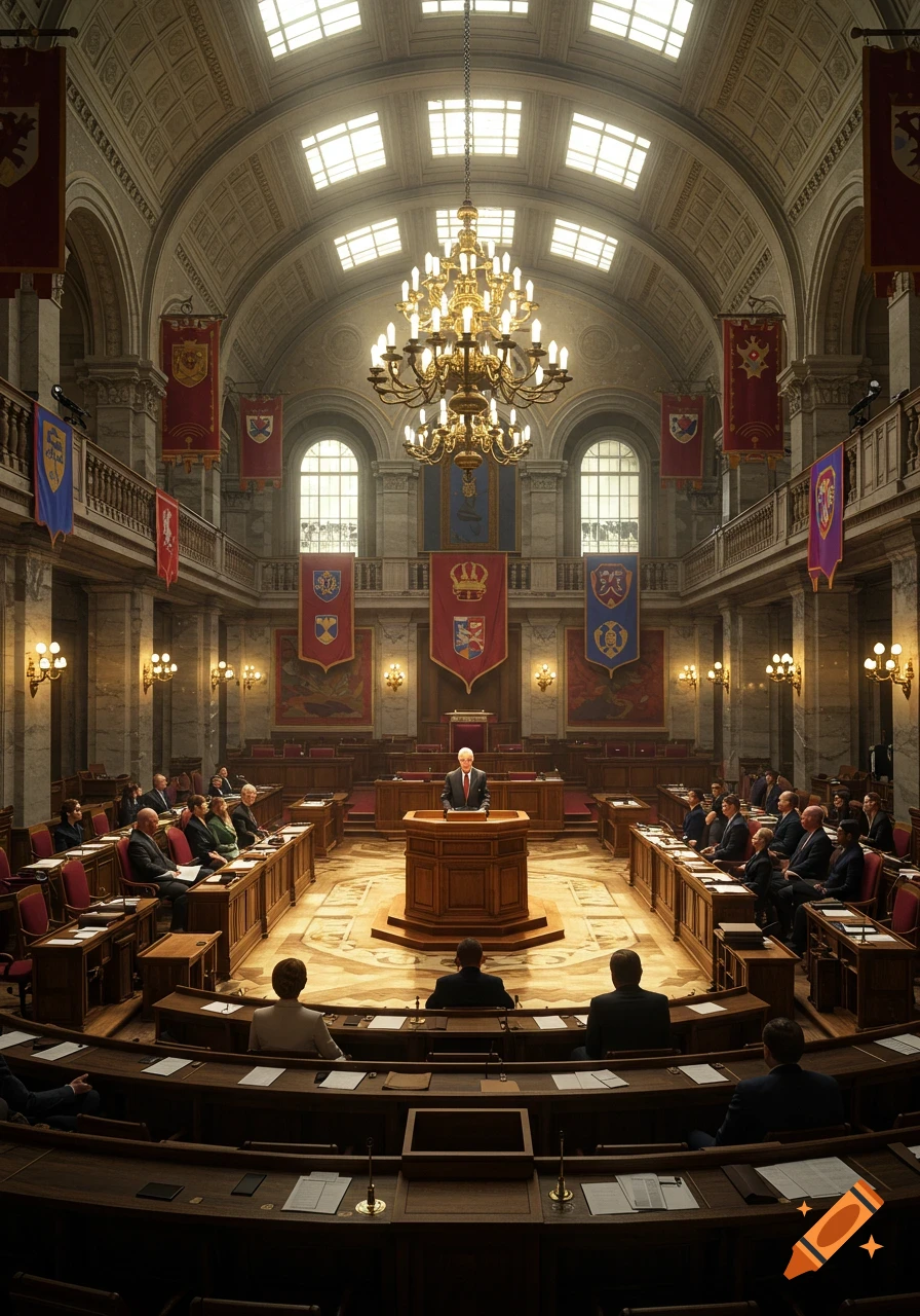 A formal assembly in a grand, ornate hall with a speaker at a podium and an audience seated in rows.