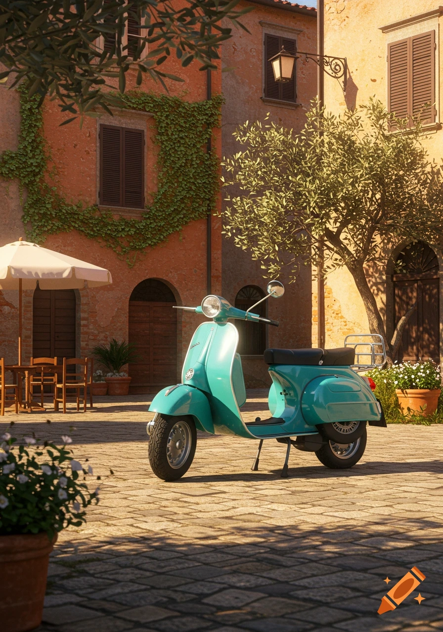 A teal Vespa scooter parked in a sun-drenched Italian village square with old buildings, trees, and an outdoor cafe.
