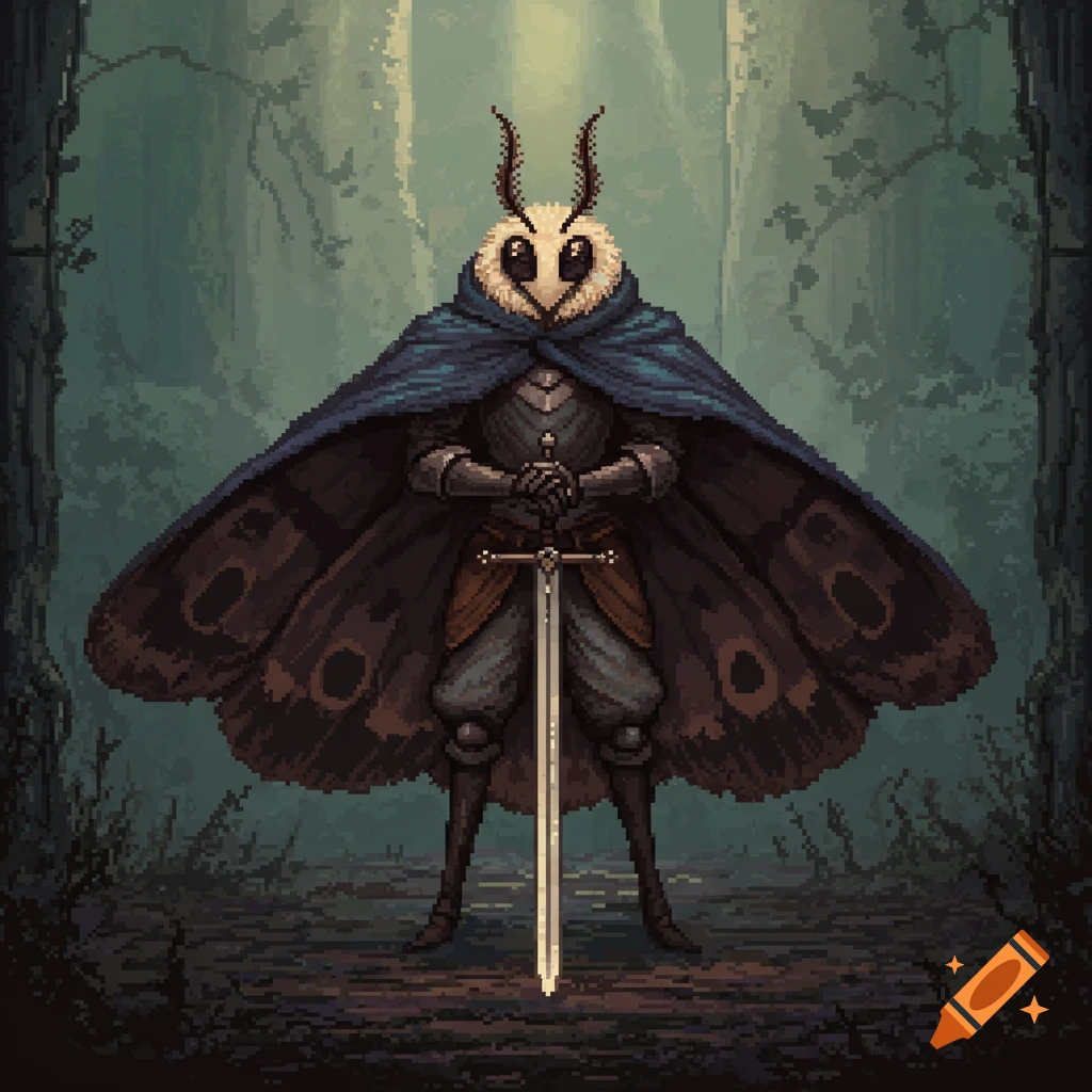 Pixel art of a moth knight in armor and a flowing cloak, holding a two-handed sword in a mysterious forest.