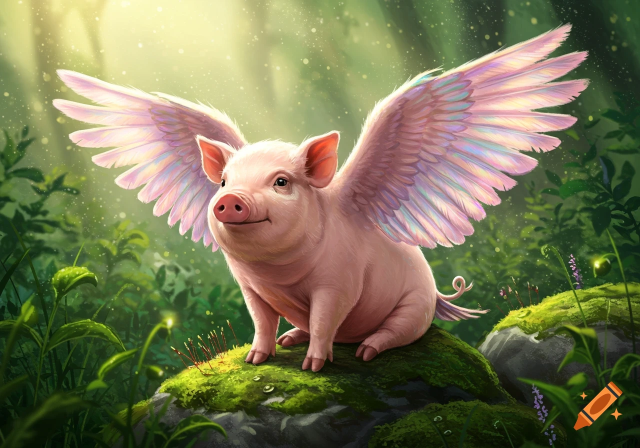A smiling pink pig with iridescent wings sits on a mossy rock in a magical, sun-dappled forest, digital painting.