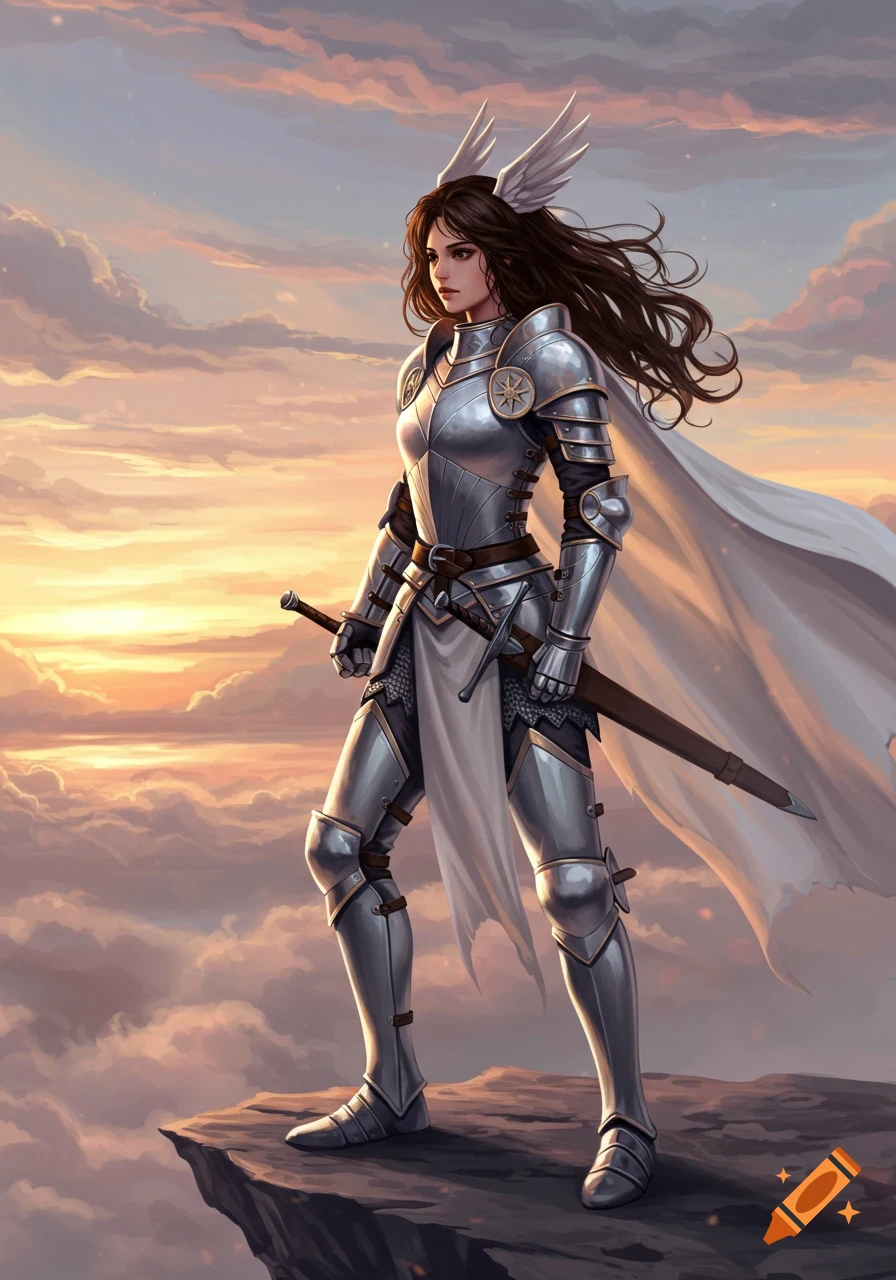 A young female warrior in shiny white armor with dark brown hair stands on a cliff overlooking clouds at sunset.